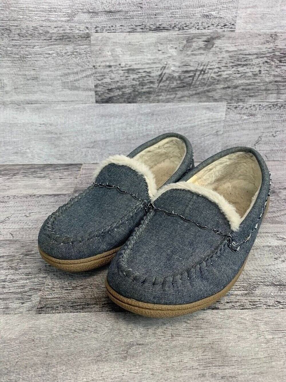 Womens Sonoma Moccasin Slippers Size 7-8M Denim Blue Faux Fur Lined Slip-On
